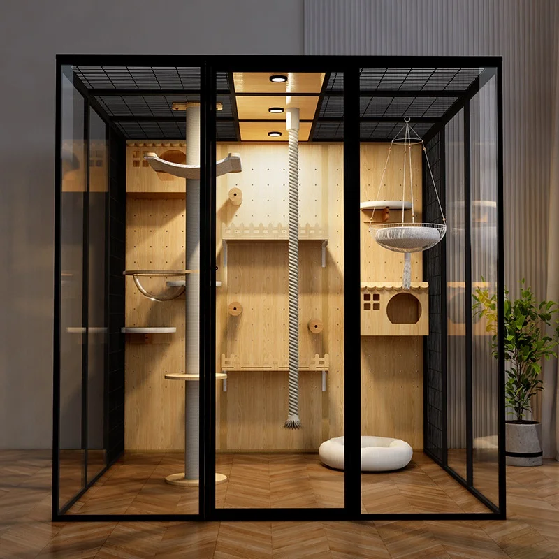 Large Modern Wood Cat Cage Villa with Spacious Glass Balcony Luxurious Indoor Pet Room with House Cabinet Nest Style Cat House