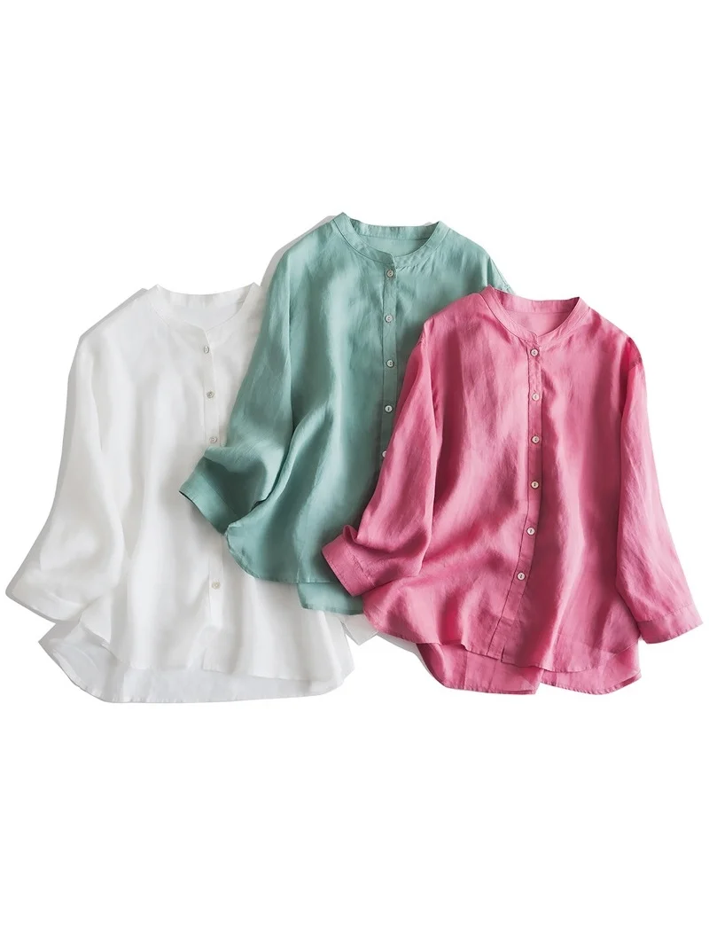 

Lightweight Loose Fit Long Sleeve Stand Collar Silk Sun Protection Shirt Women Summer Fashion White Good Color Shirt