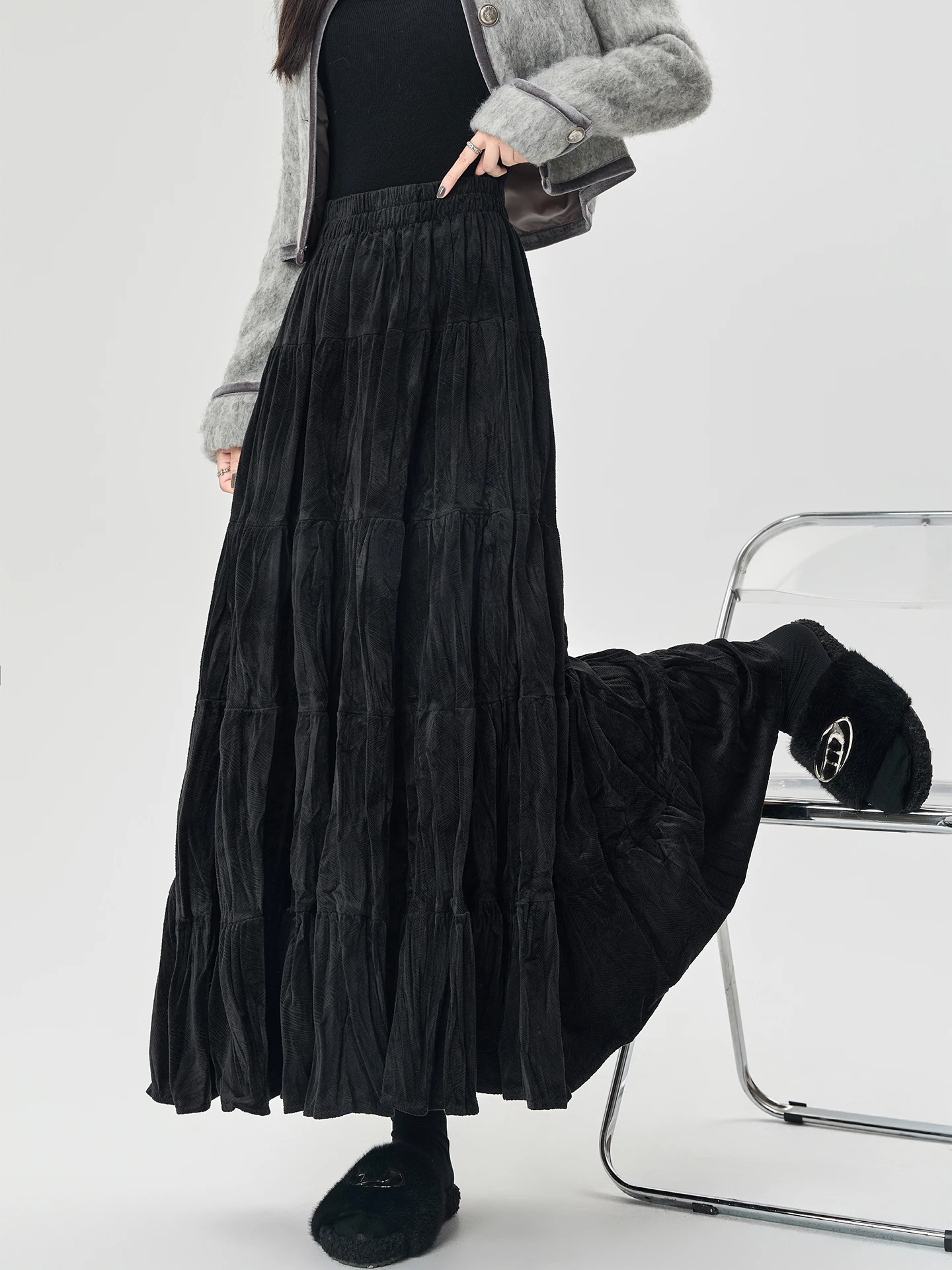 Bla velours a-ligne jupe Midi femmes automne hiver complet froncé plis parapluie jupe taille haute gâteau jupe coréenne Sle