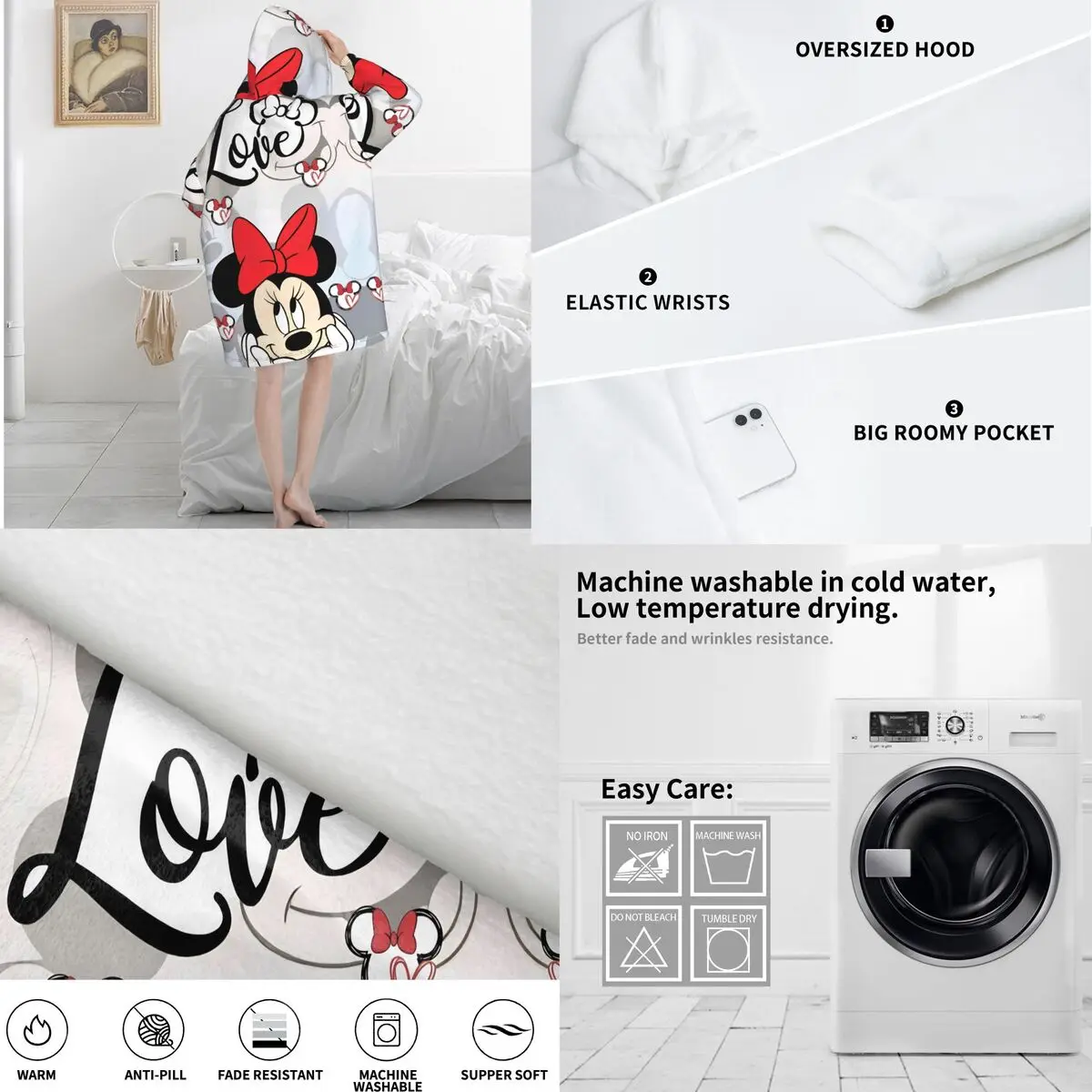 ميني ماوس Kawaii بطانية هوديي كبيرة الحجم يمكن ارتداؤها بطانية دافئة هدايا للنساء الفتيات الصديقة