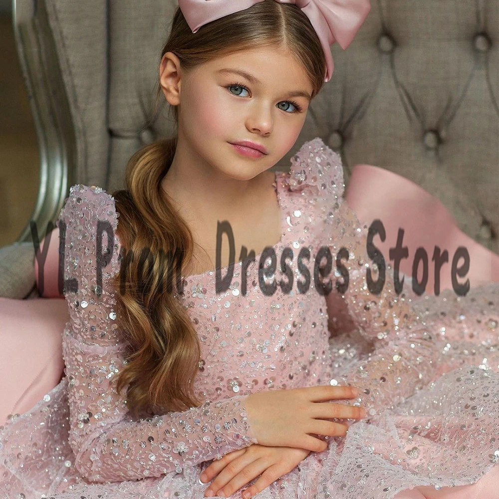 YL Modern Mini-line sukienki dziecięce dla dzieci Ivory Pink Puffy Sequined satynowe sukienki dla dziewczynek kwadratowy kołnierzyk suknie na imprezy urodzinowe