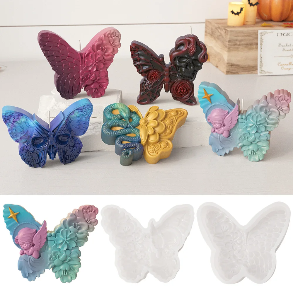 DIY Halloween Butterfly Candle Mold 3D Skull Snakehead Resin Glue Mold Dead Day Silicone Aromatherapy Gypsum Soap Mold