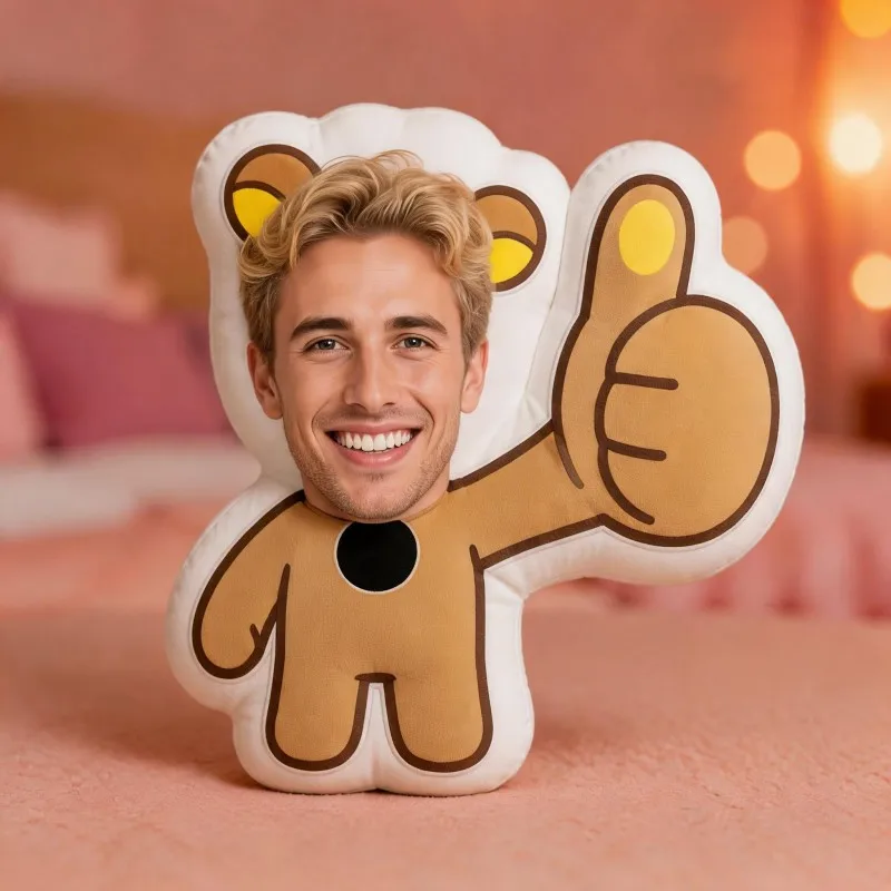 Custom Personalized Photo Face Shaped Pillow, Funny Thumbs Up Bear Body Decorative Cushion Unique Home Accent for Sofa & Bedroom