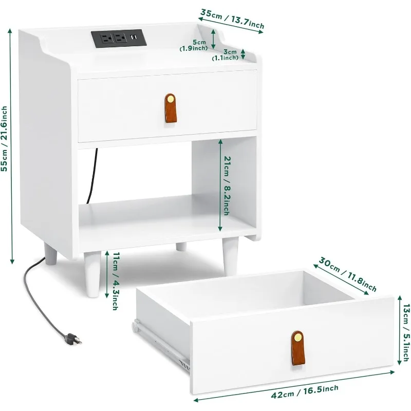 White Nightstand with Charging Station, Night Stand with Drawer and Leather Pull, Modern Bedside Table with Raised Edges