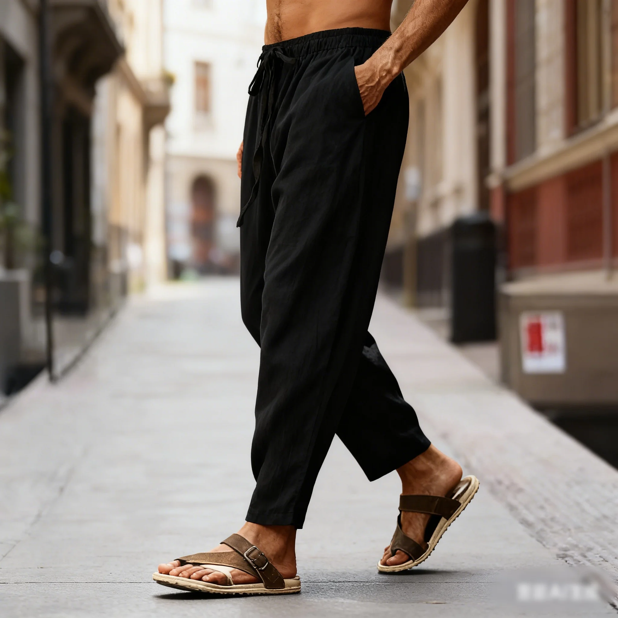 

Men's Running Cotton Linen Pants Solid Color Breathable Linen Trousers Male Casual Elastic Waist Fitness Pants Hip-Hop