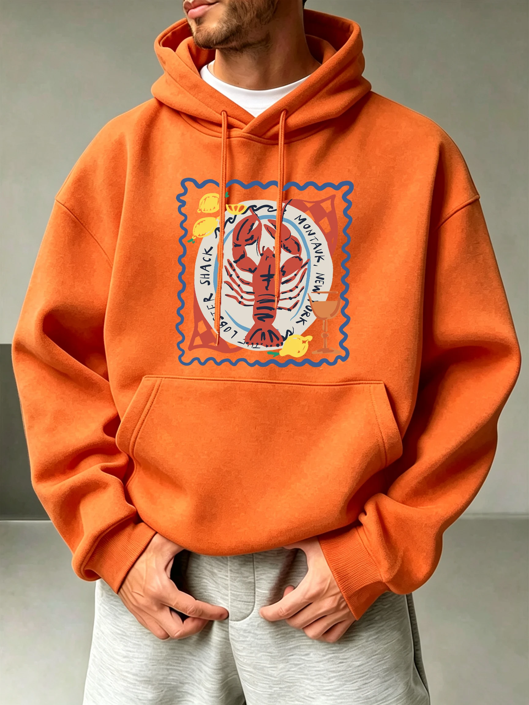 Lemon Drink With Lobster Print Street Pullover Men Autumn Loose Hoody Casual Fleece Clothes All-Match O-Neck Comfy Long Sleeve