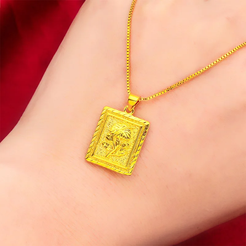 Fashionable Women's Square Plate Necklace (24K AU999) - Hollow Plate with Bead, Shiny Chain, Wedding Look,Timeless Gilt Mark