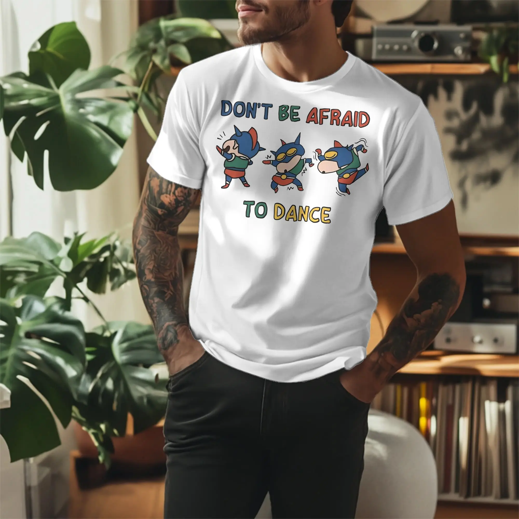 Men Don't Be Afraid To Dance Crayon Shin-chan T Shirts  Cotton Clothing Hipster Crewneck Tee Shirt Plus Size T-Shirt