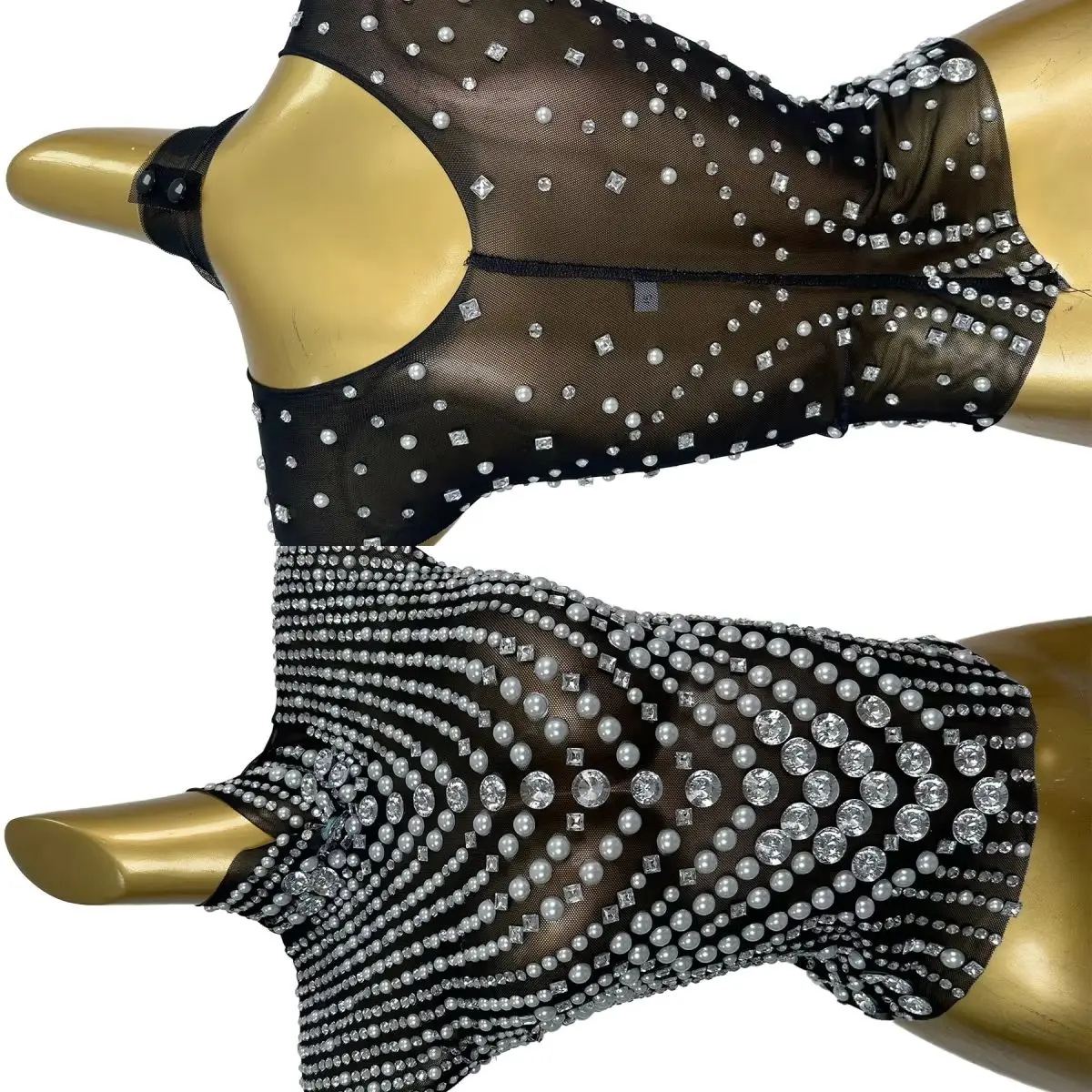 Black See Through Mesh Corset Top Pearl Sparkly Rhinestone Pearls High Neck Back Sexy Women Party Bar Performer Wear Zhenzhuwang