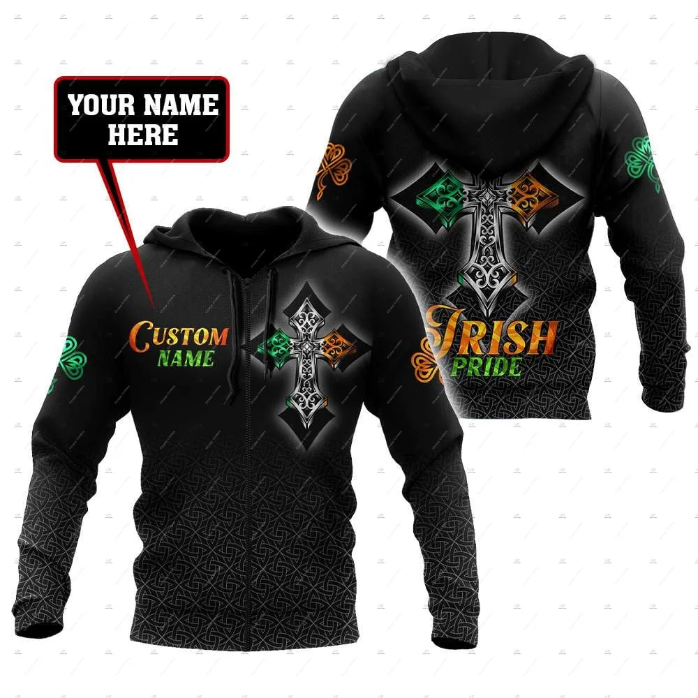 Custom Name Irish Ireland Country Flag St.Patrick Tattoo Vintage Retro Unisex 3DPrint Harajuku Pullover Casual Jacket Hoodies 61