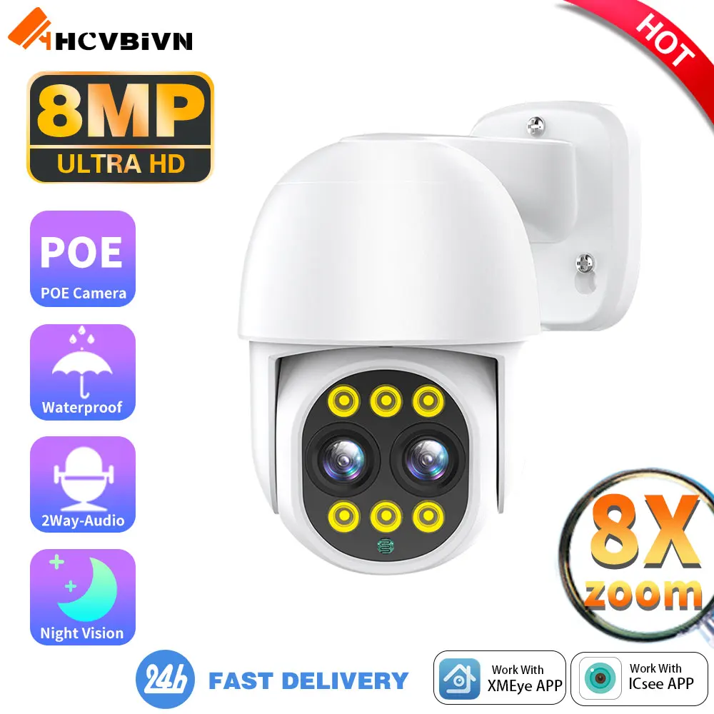 

8MP 8X Zoom Dual Lens IP Camera 4K POE PTZ Camera Color Night Vision Smart AI P2P With iCSee Auto Tracking Two Way Audio SD Slot