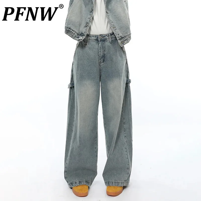 

PFNW American Side Button Niche Design Male Jeans Worn-out Washed Loose Straight Leg Pants Denim Trousers Autumn Chic 28W4252