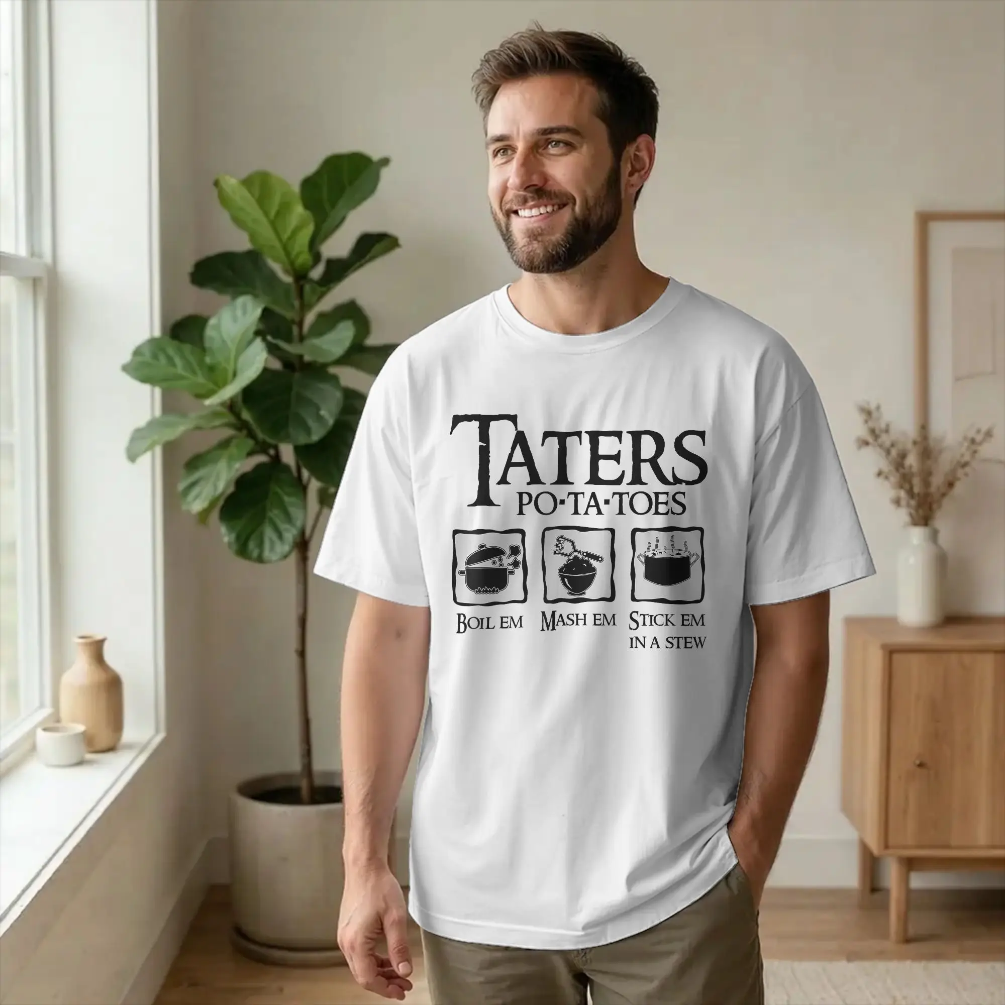Taters Po-ta-toes Funny Men T Shirt Boil Mash Stick Fantasy Novelty Tees Short Sleeve Round Neck T-Shirts Cotton Unique Clothes