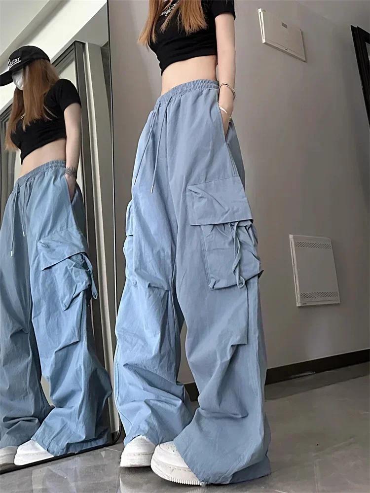 QWEEK Y2K Beige Cargo Pants Woman Streetwear Hip Hop Black Parachute Trousers Oversized Korean Fashion Wide Leg Pink Sweatpants