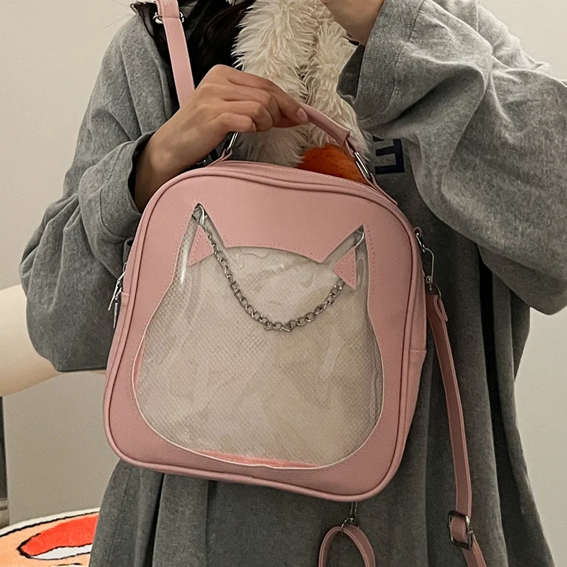 Y2K-Bolso cruzado de PU Kawaii japonés para niñas, bolso de hombro Harajuku de bolsillo transparente, itabag mochila de moda, lindo gato, Coreano