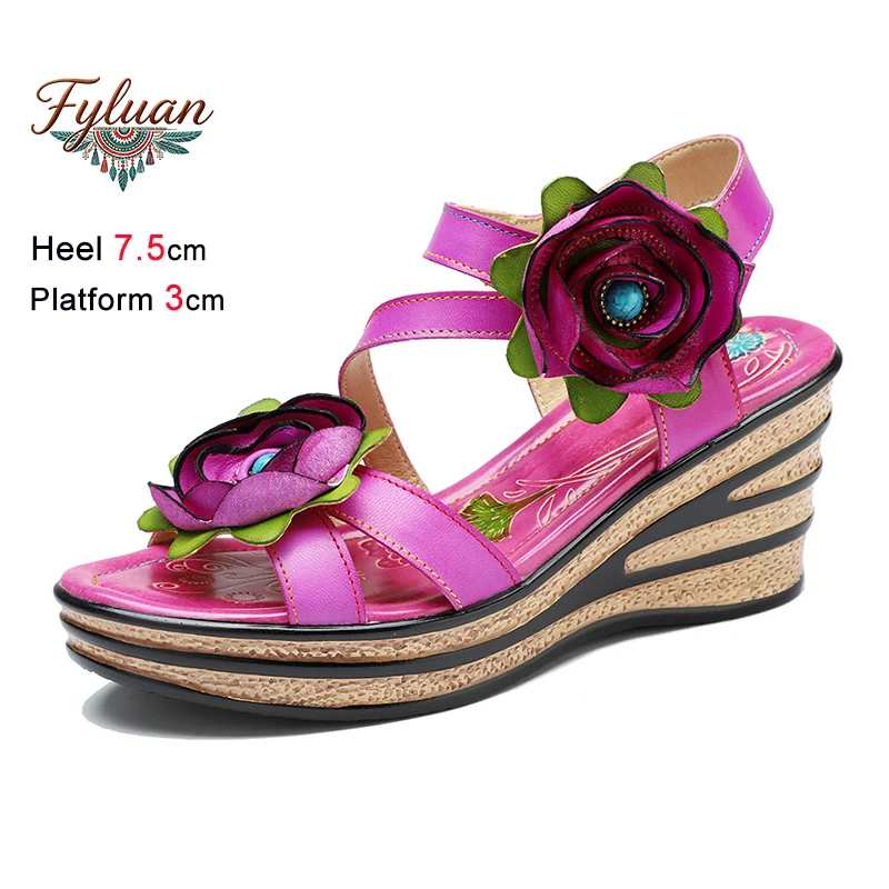 

High-quality Handmade Genuine Leather Sandals For Women Three-dimensional Flowers Wedge Heel Summer Woman Shoes 7.5CM High Heels