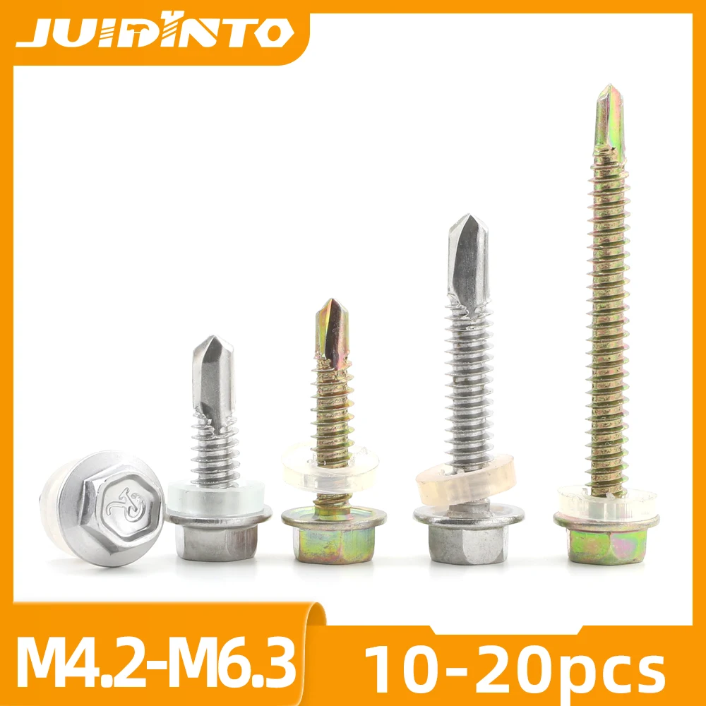 JUIDINTO 12-20pcs Washer Head External Hex Self Drilling Tapping Screws M4.2-M6.3 Stainless Steel Zinc Plated Hardiflex Screw