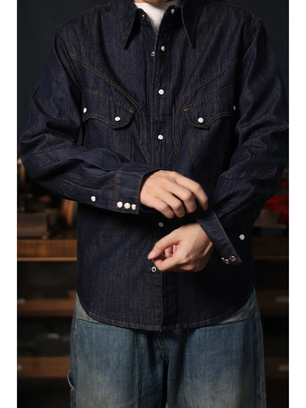 

Cowboy Western Snap Shirt Simple American Casual Raw Color Western Denim Shirt with Pearl Snap Buttons