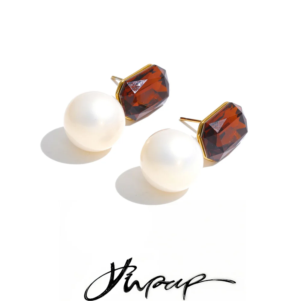 Yhpup Multi Color K9 Crystal Imitation Pearls Round Drop Earrings for Women Stainless Steel Elegance Chic Demure Jewelry