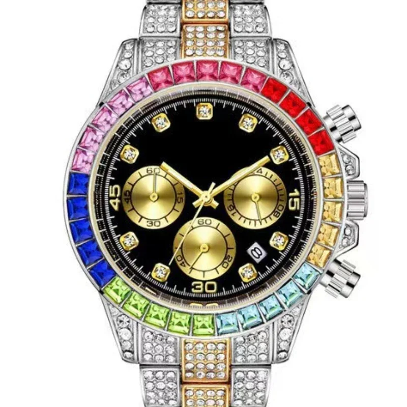 Relojes de pulsera de cuarzo coloridos para hombre, cronógrafo de lujo con diamantes de imitación, calendario, regalo