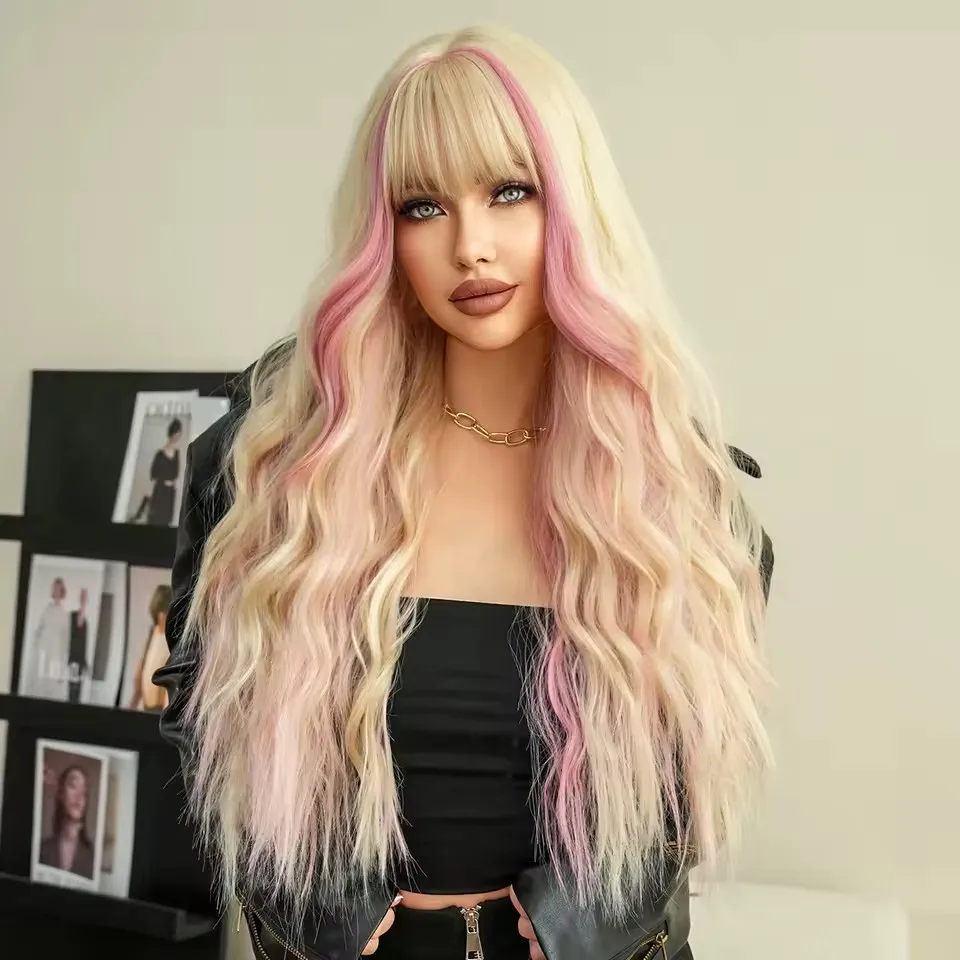 

Long Wavy Blonde Pink Highlight Wig - Synthetic Hair for Women Daily & Party
