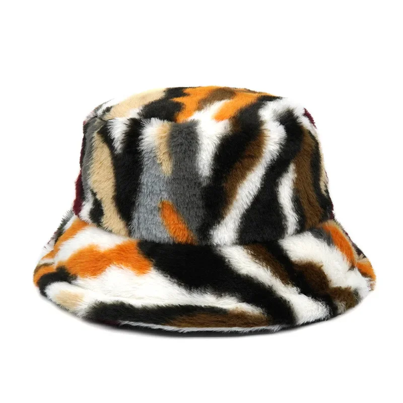 New Faux Fur Bucket Hat Women Autumn Winter Panama Hat for Men Cow Print Plush Velvet Warm Hat Fisherman Hats Vacation Cap