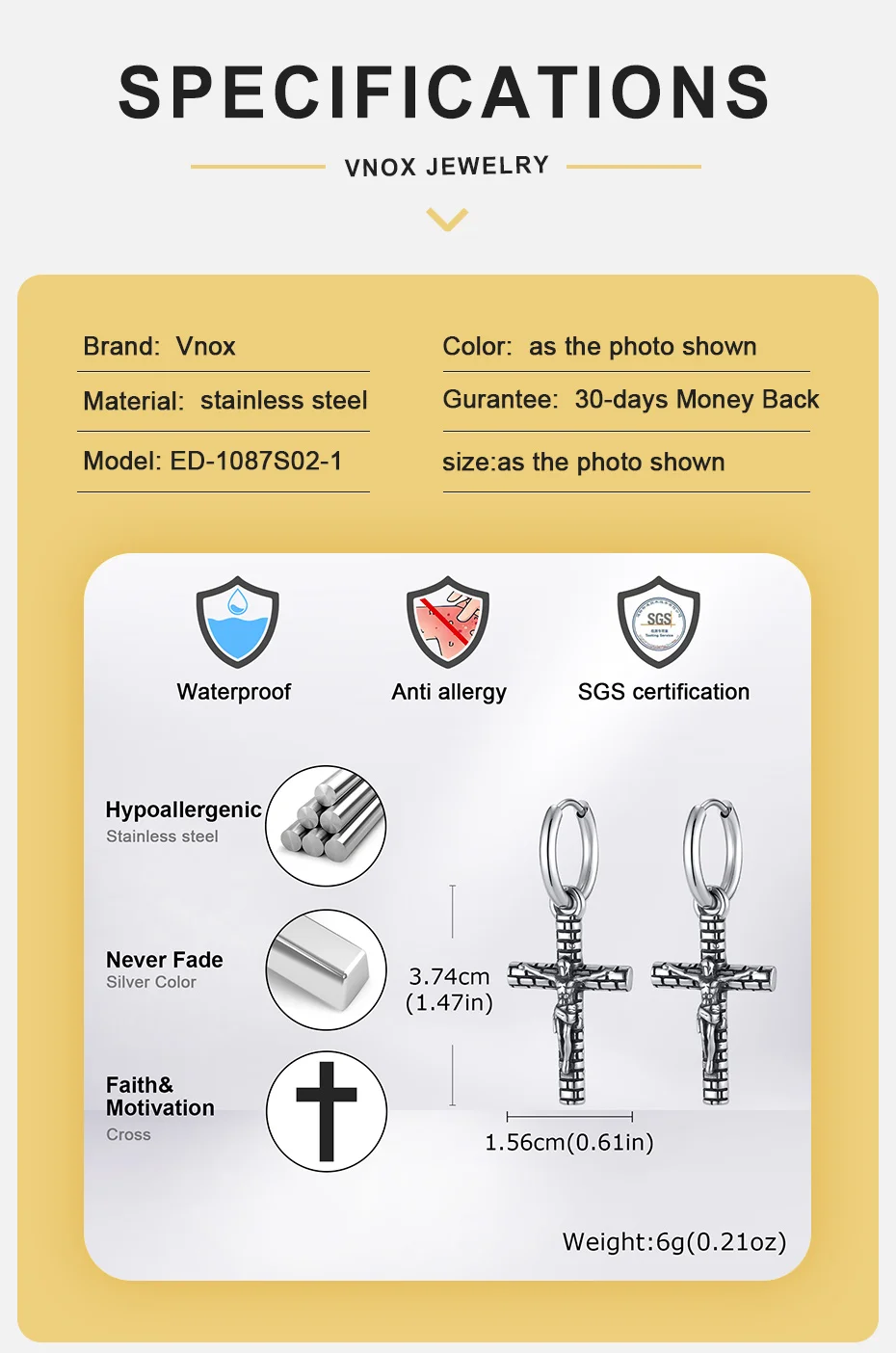 Vnox Edelstahl Jesus-Kreuz Ohrhänger für Männer und Frauen, Zirkon-Kreuz Durchziehohrringe, Gotischer Punk Glaubensschmuck für Unisex – Detail 4