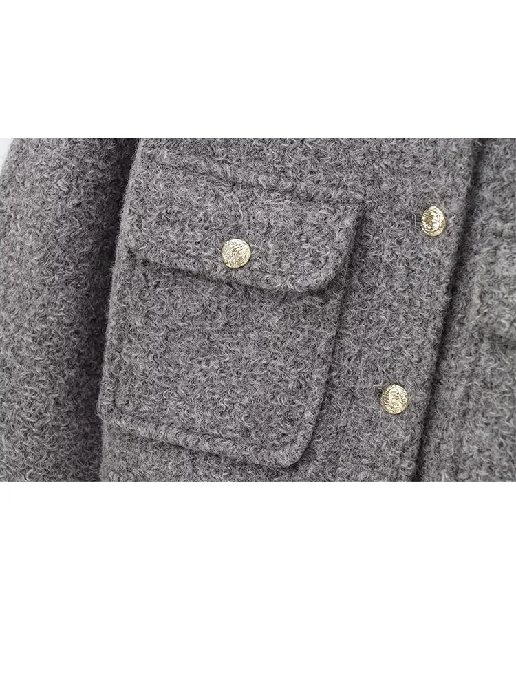 HH mujer invierno cuello redondo manga larga un solo pecho bolsillo botón decoración abrigo corto mujer chaqueta estilo callejero