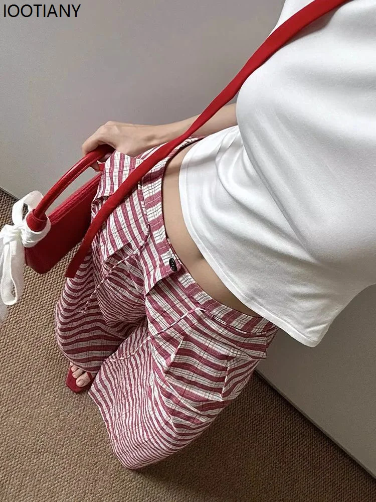 Sweet Girl Striped Lace-up Oversized Women's Pants Wide Leg Korean Style Fashion Straight Pants Loose Basic Casual Youth Summer
