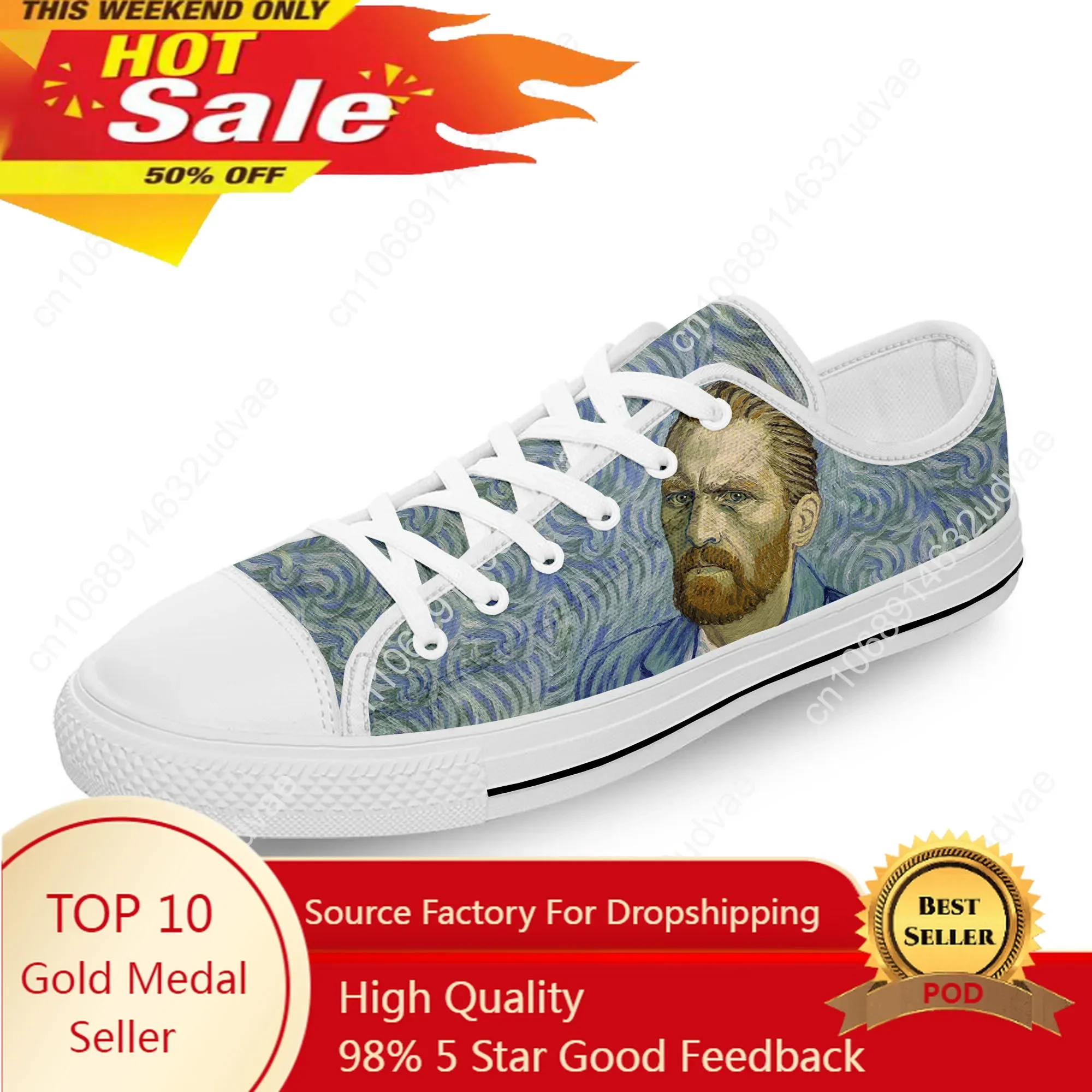 Van Gogh Oil Painting Aesthetic Starry Night White 3D Print Low Top Canvas Shoes Men Women Lightweight Breathable Sneakers