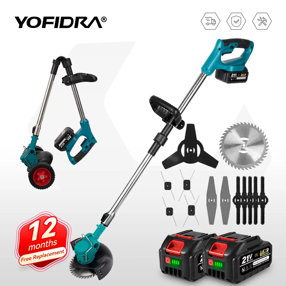 YOFIDRA Electric Lawn Mower Cordless Garden Grass Cutting Trimmer 100-135cm Length Cutter Power Tool For Makita 21V Battery Pin