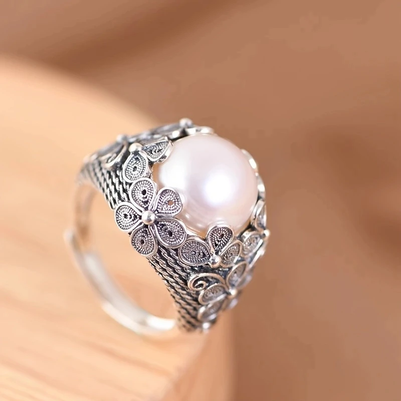 Fashion Elegant Carve Flower Imitation Pearl Adjustable Ring for Women Charm Engagement Wedding Ring Party Jewelry Gifts