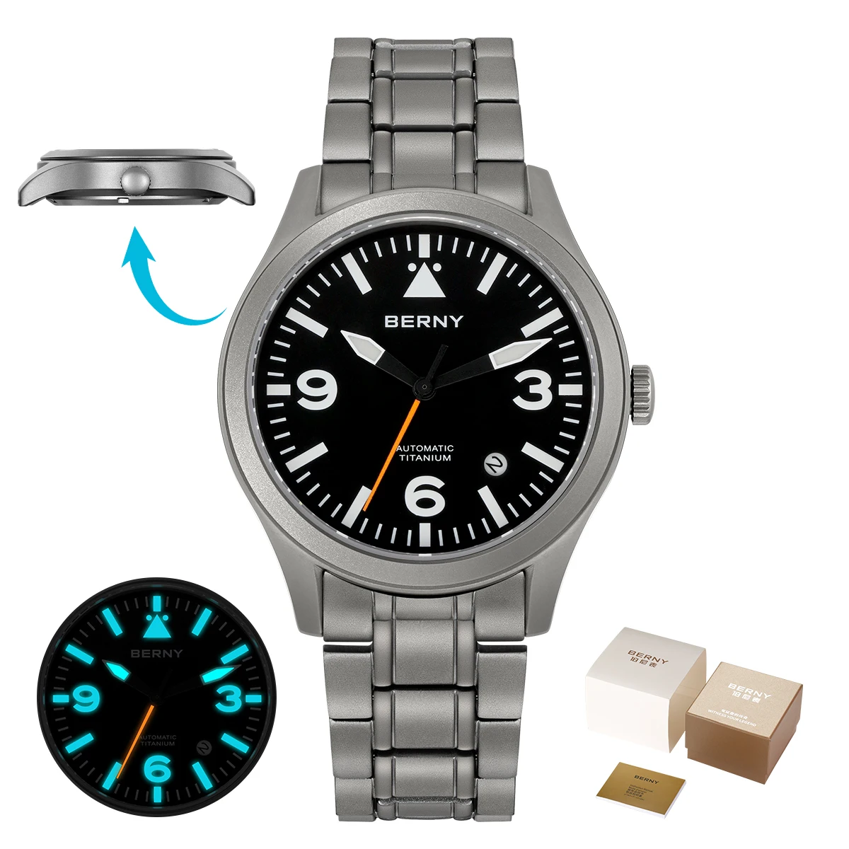 BERNY Volledig titanium automatisch horloge voor heren Saffier AR gecoat 10Bar Avondmaal Lichtgevend herenhorloge Sport Luchtvaart Herenhorloges