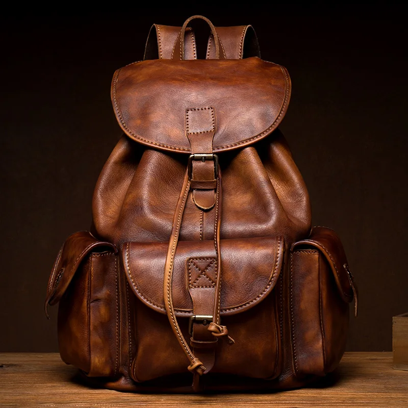 

Men luxury designer vintage Backpack Soft handmake Distressed Cognac Leather Rucksack Knapsack With Pockets Gifts for man bag