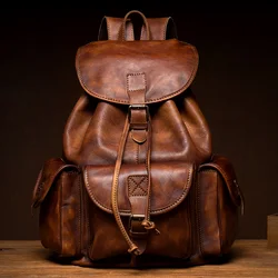 Men luxury designer vintage Backpack Soft handmake Distressed Cognac Leather Rucksack Knapsack With Pockets Gifts for man bag