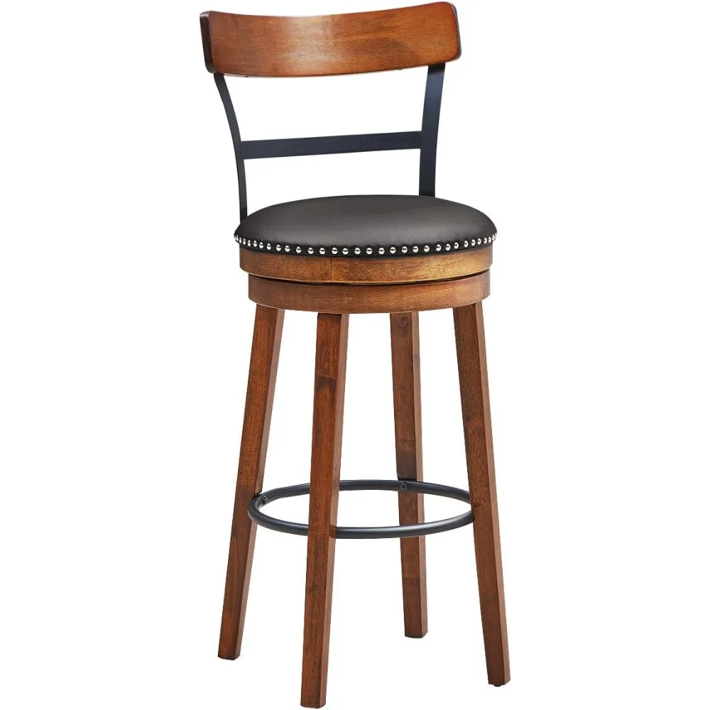 Bar Stools, 360-Degree Swivel Stools with Leather Padded Seat, Single Slat Ladder Back & Solid Rubber Wood Legs, Bar Height Sto