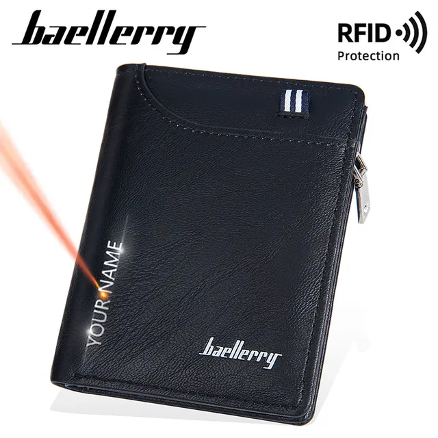 Baellerry nowe krótkie męskie portfele RFID grawerowanie nazwy etui na karty kredytowe portfel męski wysokiej jakości zamek błyskawiczny kieszonka na monety torebki męskie