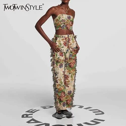 TWOTWINSTYLE Hit Color Two Piece Set For Women Strapless Sleeveless Top High Waist Patchwork Tassel Pant Streetwear Sets Female