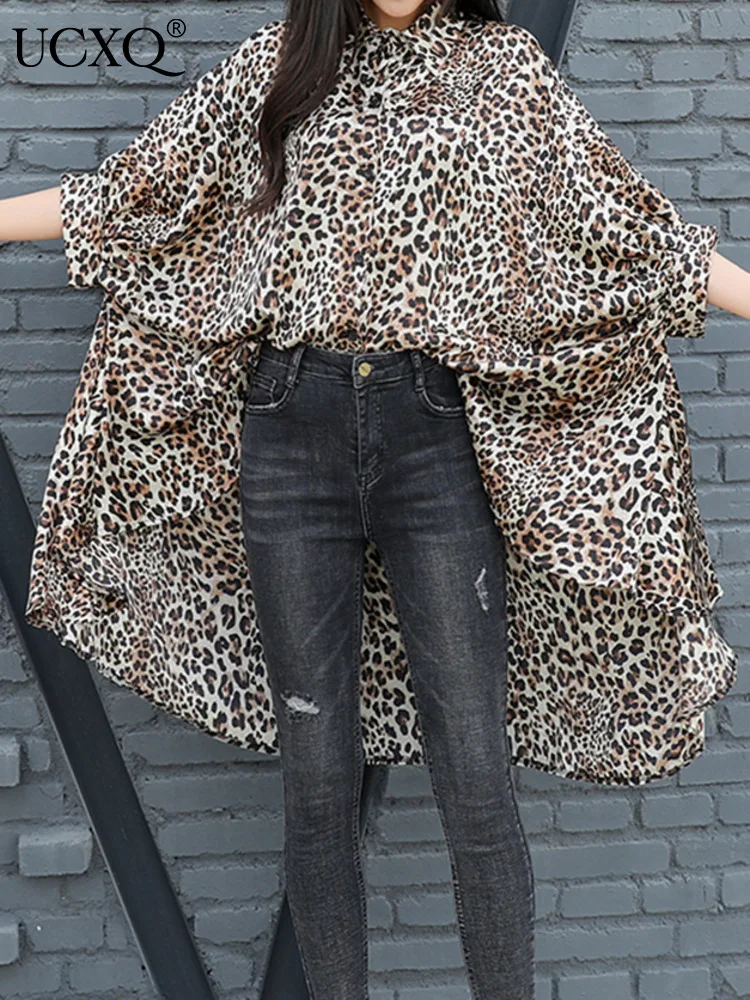 

UCXQ Fashion Leopard Shirt Streetwear Loose All Match Single Breasted Irregular Bat Sleeve Blouse Women 2024 Spring Summer Z1983