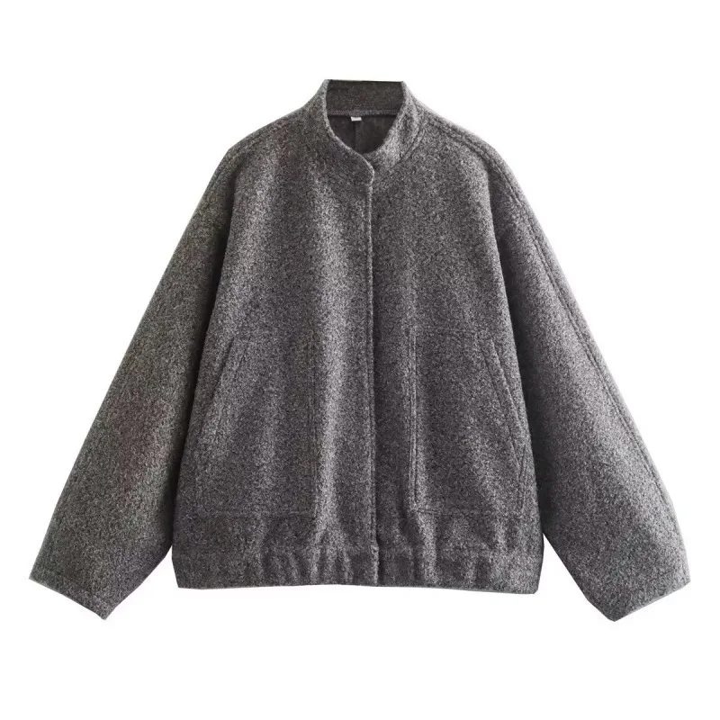 Spring 2025 New European and American Stand-up Collar Loose Woolen Casual Jacket