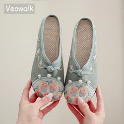 Veowalk Women Soft Cotton Fabric Embroidered Closed Toe Slippers Retro Ladies Casual Comfortable Mules Home/Outside Shoes