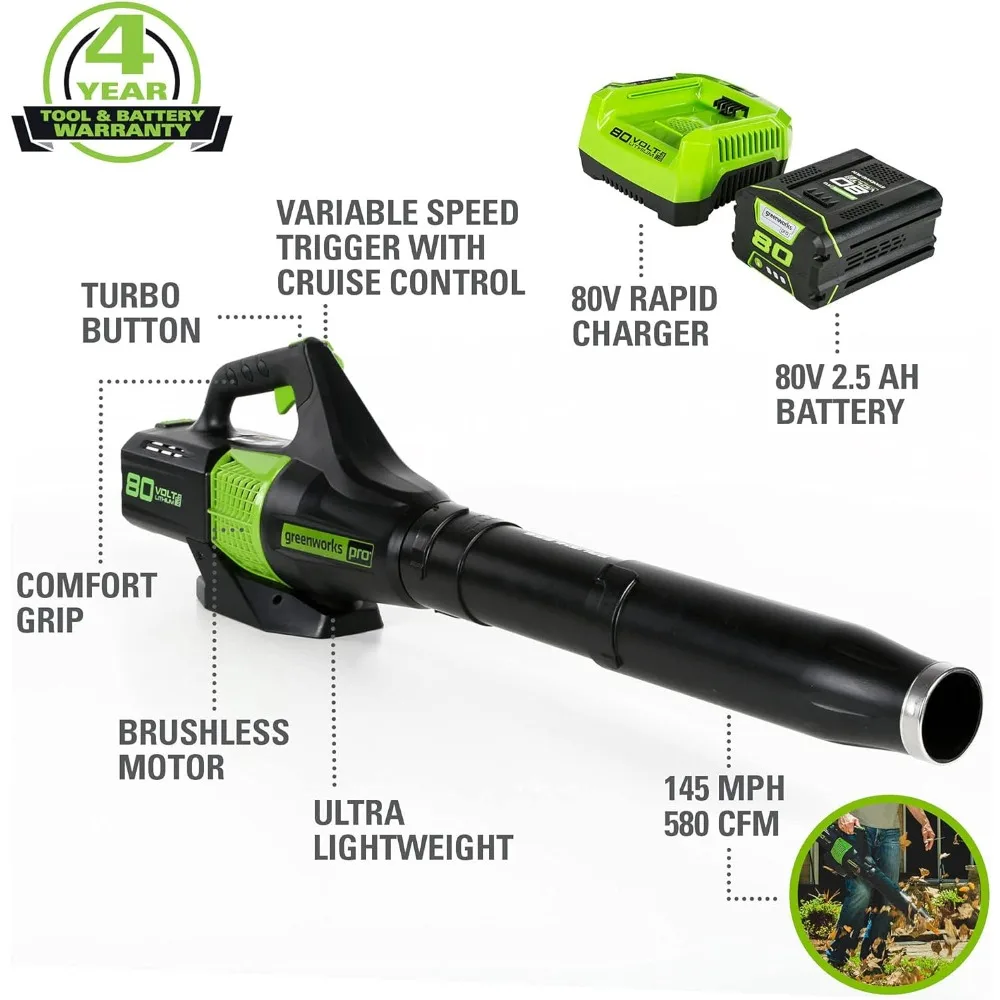 80V (145 MPH / 580 CFM / 75+ Compatible Tools) Cordless Brushless Axial Leaf Blower, 2.5Ah Battery and Charger Included