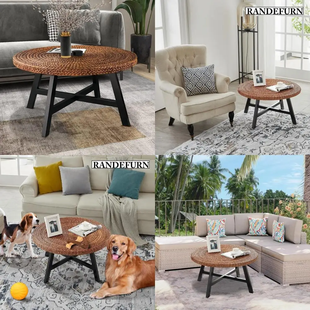 

RANDEFURN Round Coffee Table, Seagrass Coffee Solid Pine Wood X Base Frame Cocktail Table, Easy Assembled, Multiple Sizes for Li
