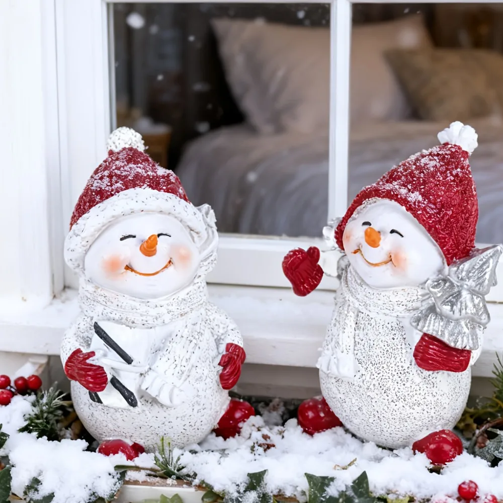 

2pcs/set Christmas Snowman Doll Statue Ornaments Couple Snowman Resin Craft Home Decoration Christmas Gifts Birthday Gift
