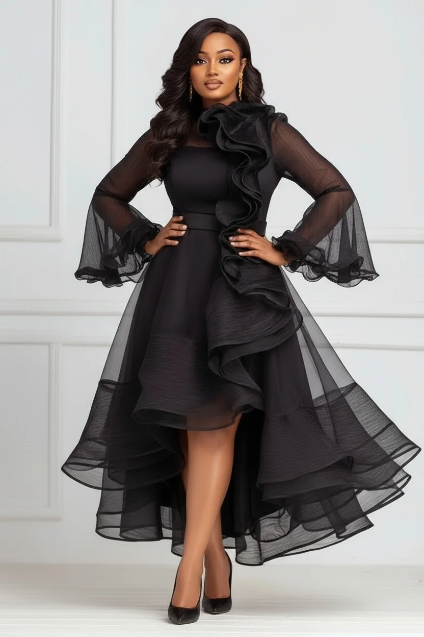 Vestido feminino de malha com babados, manga flare, plus size, bainha irregular, transparente, coquetel, casamento, convidado, vestido longo