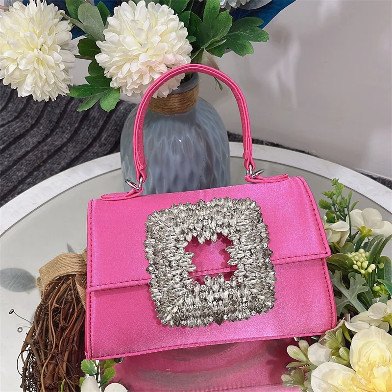 

Ladies Silky Evening Clutch Women Temperament Flap Square Large Diamond Buckle Handbag Elegant Wedding Party Rhinestone Purse