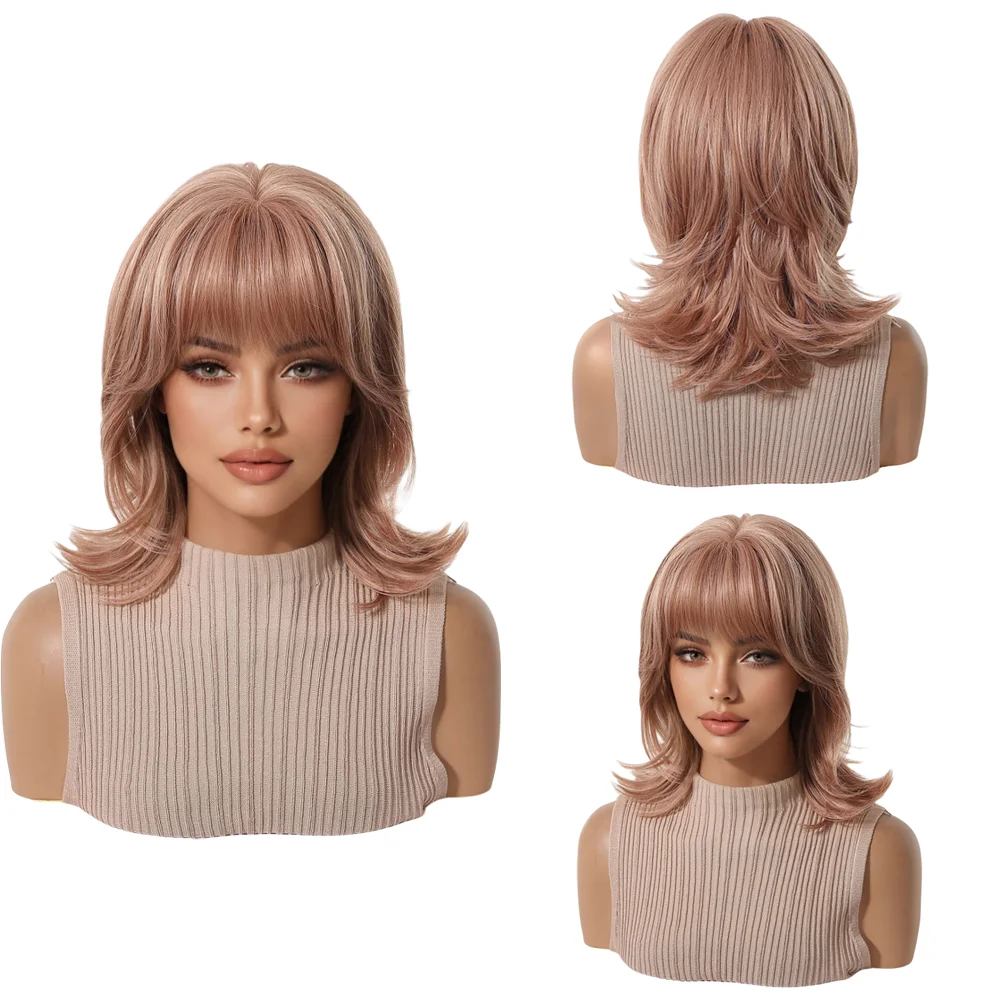 12 Inch Misty Rose Brown Medium Shaggy Layered Wig with Fringe For Women Heat Friendly Synthetic Hair Halloween Costume Party