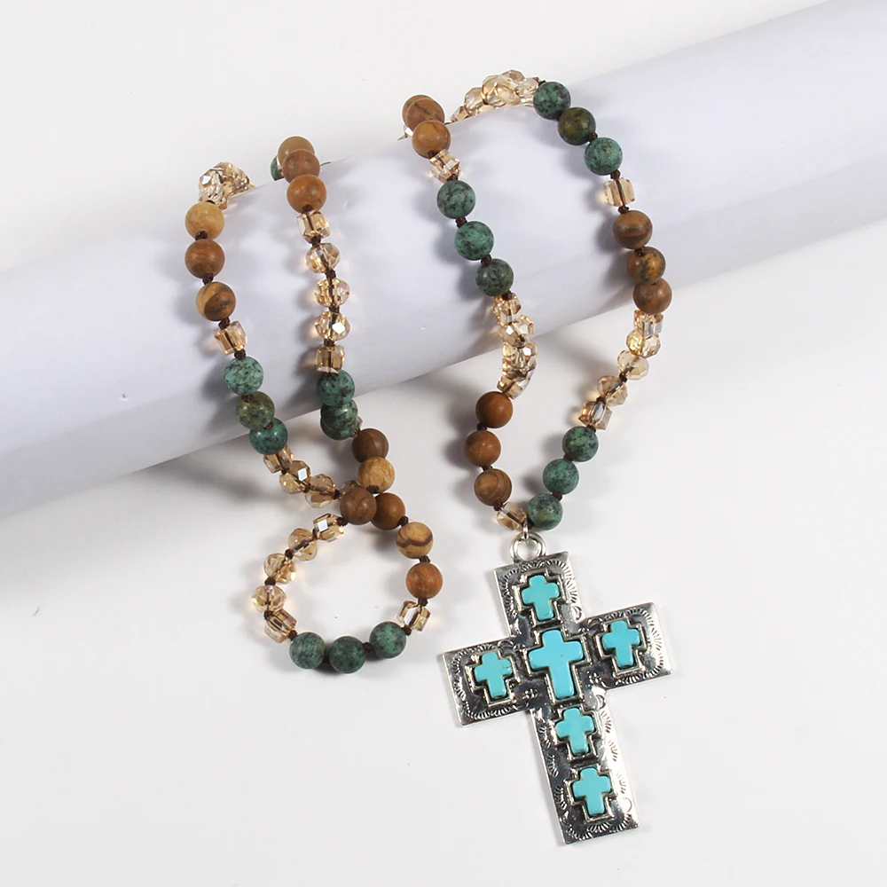 

Vintage Bohemian Style 8mm African Turquoise Natural Stone Knot Necklace 6 Turquoise Cross Pendant Necklace Sweater Chain
