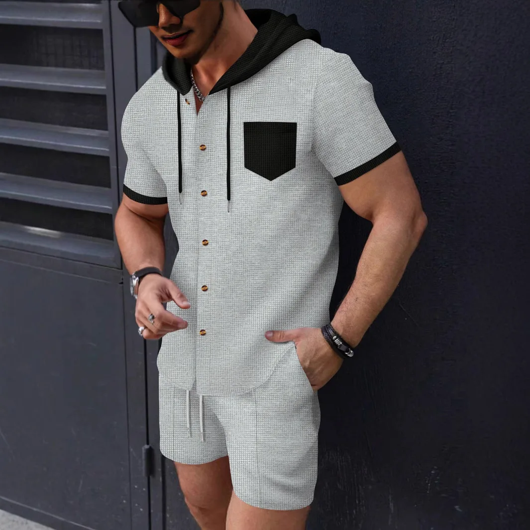 New men's hooded two-piece short-sleeved cardigan set, high-end waffle checkered casual jacket and shorts street sportswear set