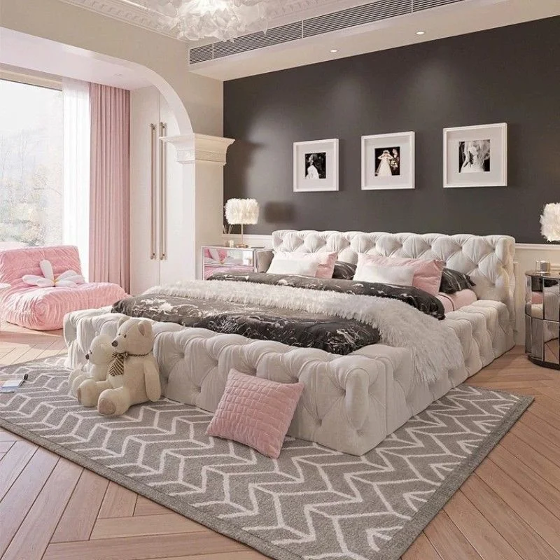 

Nordic buckle bed simple tatami fabric bed American floor high-end light luxury master bedroom double
